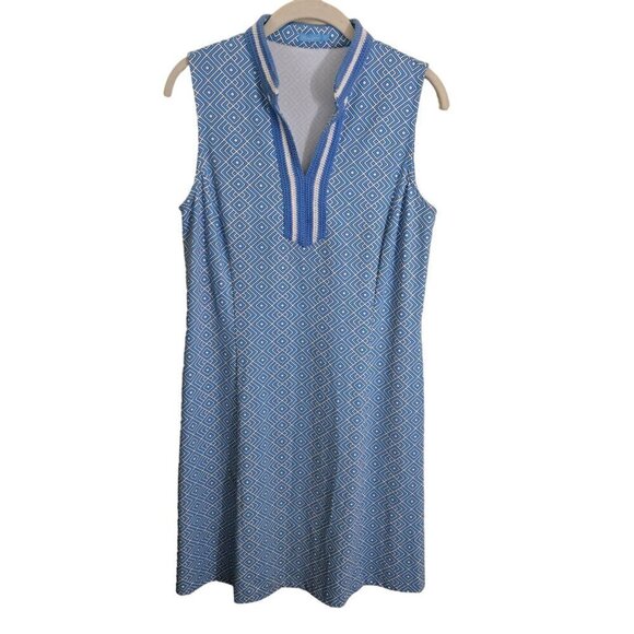 J. Mclaughlin Ginny Dress Blue White Geometric Crochet V Neck Trim Size M - Picture 1 of 7